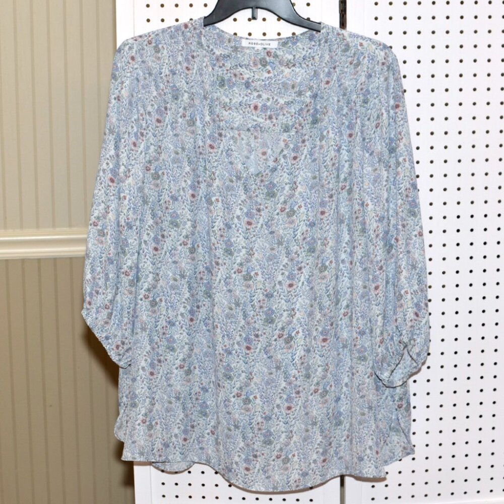 Plus Size 3X Rose + Olive Boho Cottage Floral Poet 3/4 Sleeve Hi-Low Blouse